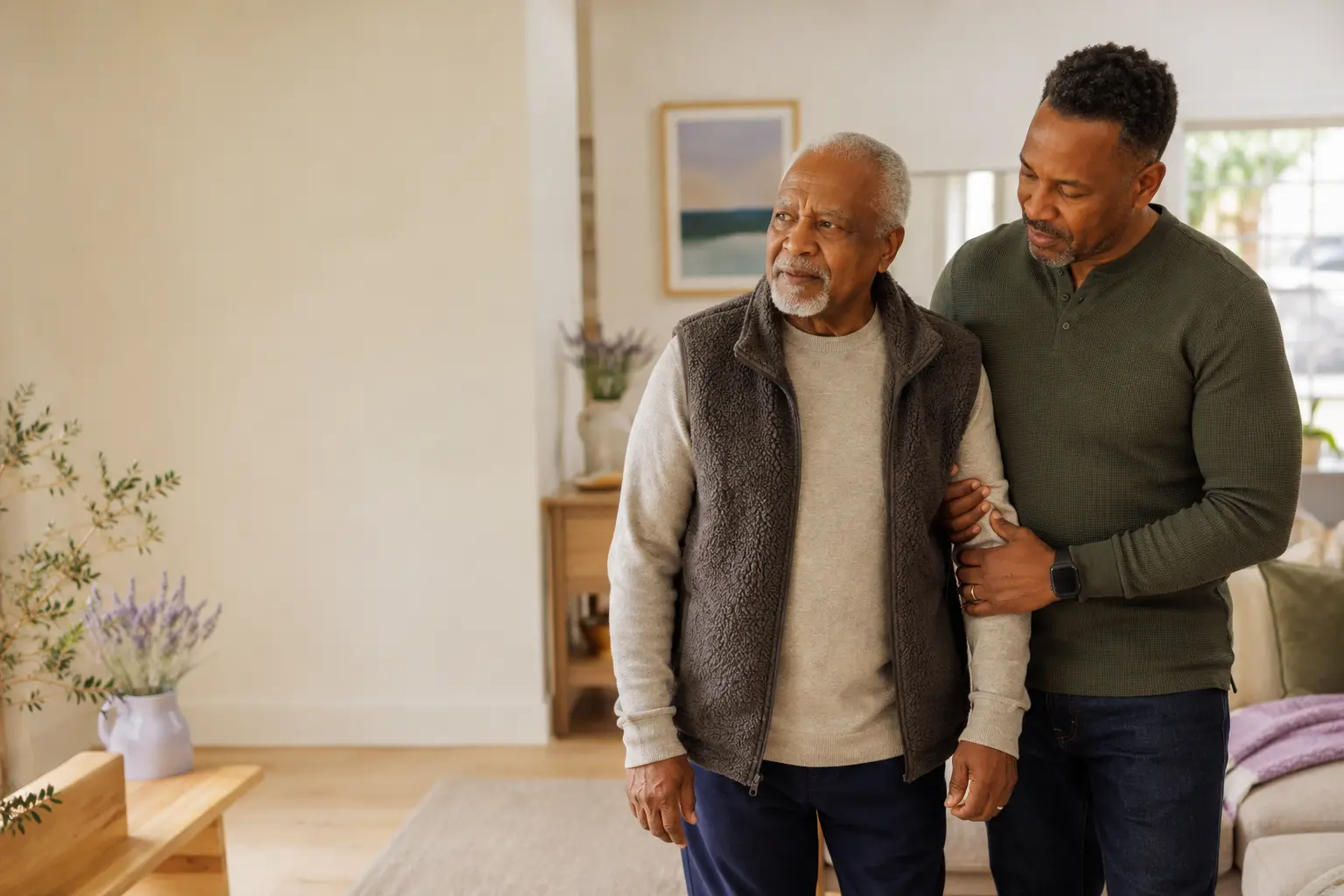An employee caring for a family member in natural light